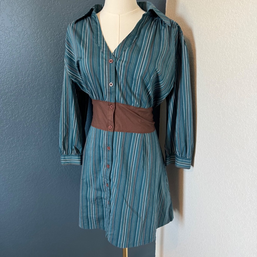 Y2K Office Siren Bisou Bisou, Striped Shirt Dress, Teal Brown, L
